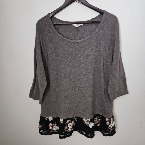 Moa Moa Blouse Gray Black Floral Pullover Neutral Crewneck 3/4 Sleeves Casual - Picture 1 of 10